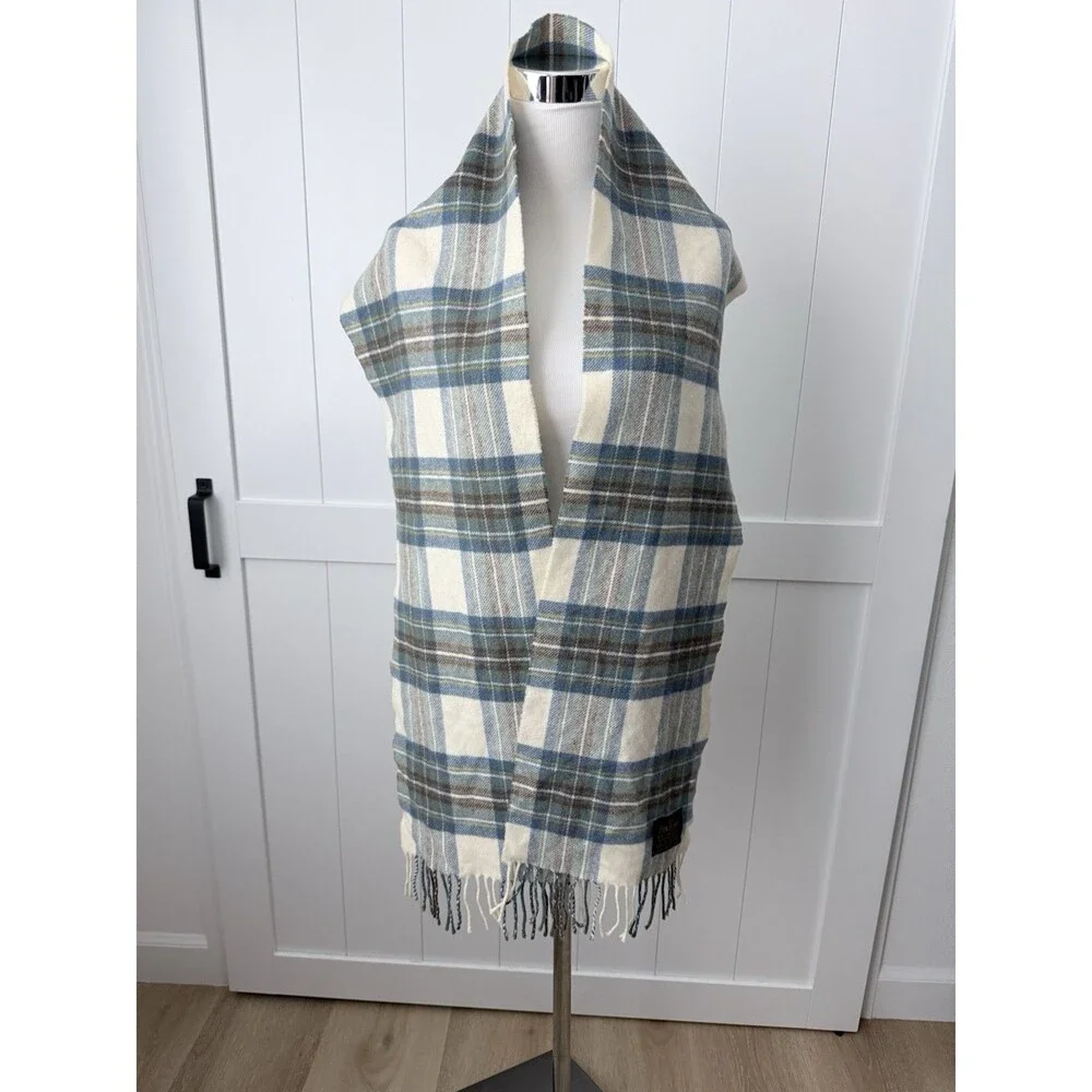 Vintage Glen Prince Scotland New Lambswool Scarf Blue Tan Plaid Quiet Luxury 90s
